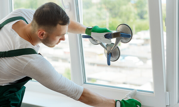 Man installing window with suction cups