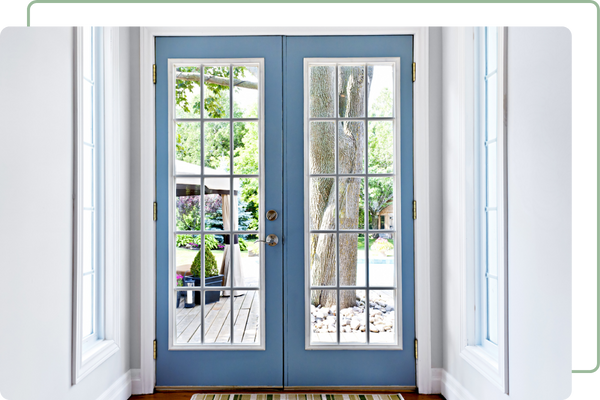 blue french doors with full length windows