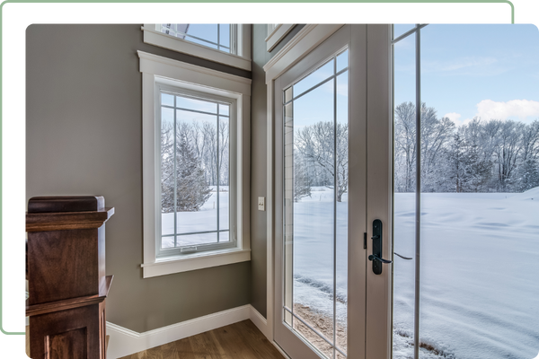 glass doors looking out to snowy backyard