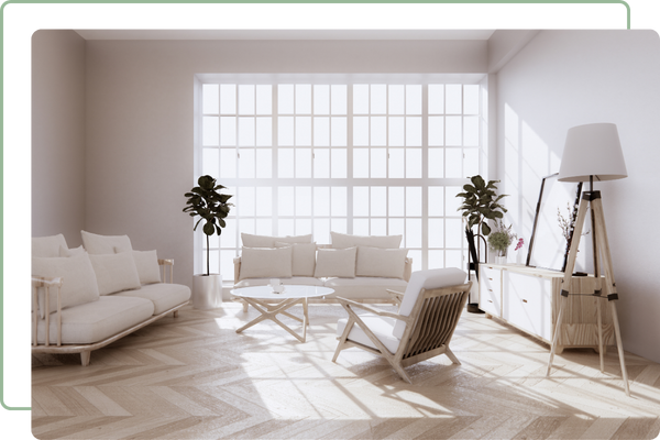 Living room with large bay windows with light streaming through them, wood floors and white furniture with light wood finishes