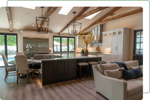 modern kitchen with windows on the back wall