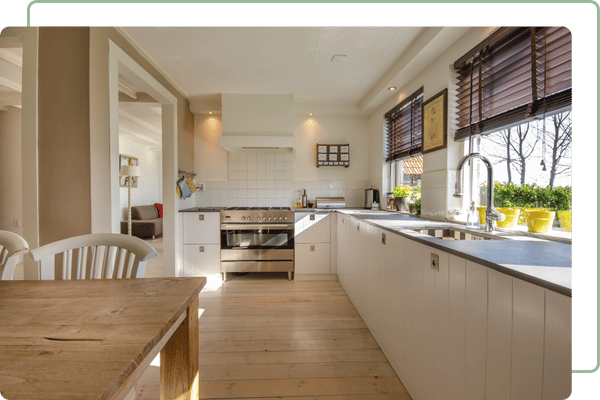 modern kitchen with windows on the right wall
