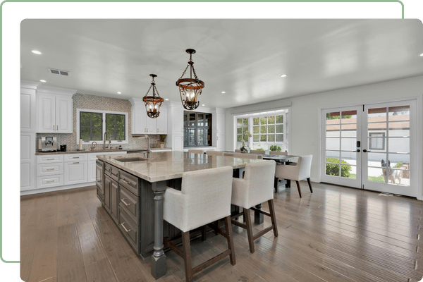 Modern kitchen with double glass french doors